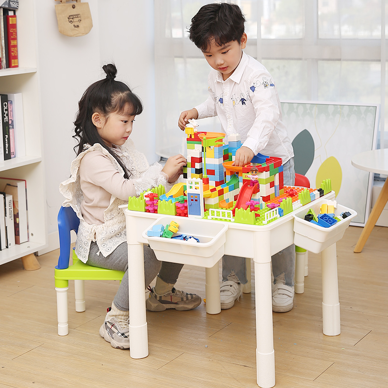 Hot sale wholesale kids kindergarten children plastic bricks DIY playing educational toy building block table and chair set 
