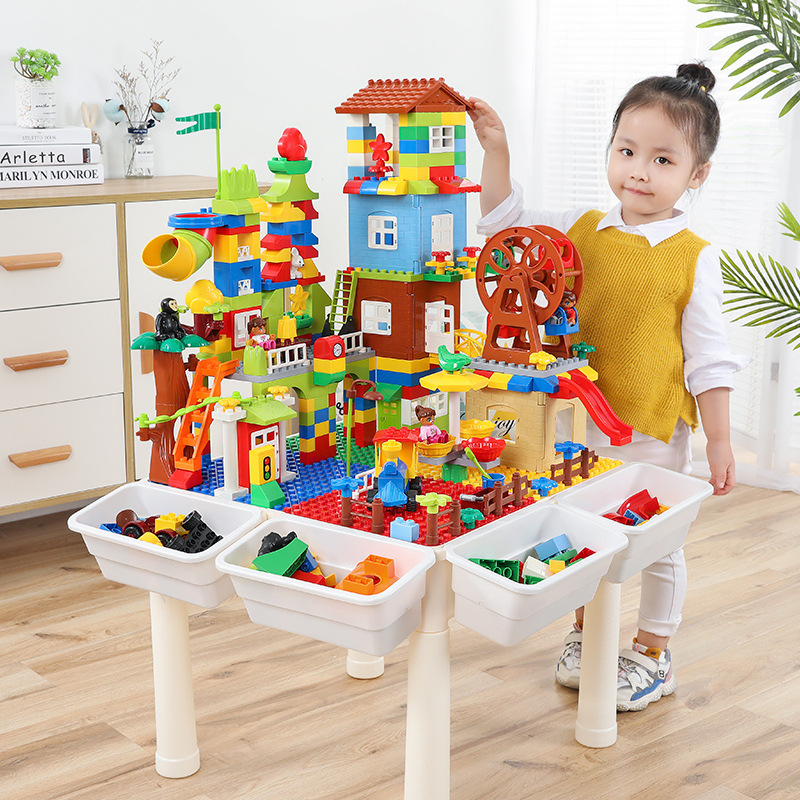 Hot sale wholesale kids kindergarten children plastic bricks DIY playing educational toy building block table and chair set 
